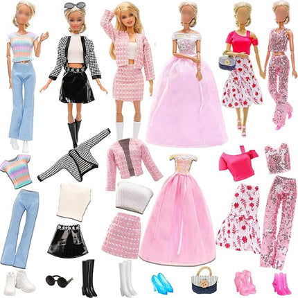 15 Pieces Fashion Doll Clothes & Accessories Set-6 Outfits Chic Suits Party Gown Dress Outfit Stylish Dress Casual Clothing 3 Accessories with 6 Pairs of Shoes,Glasses ,Bag for 11.5” Girl Dolls