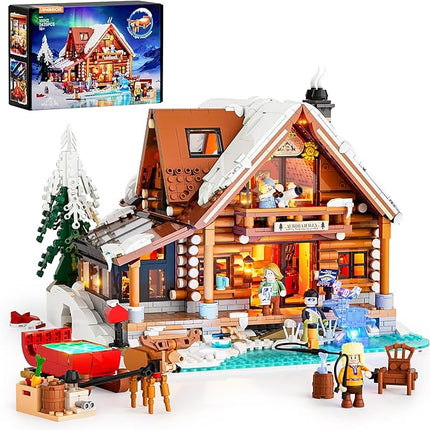 Aurora-Cabin Christmas Lighting-Building-Bricks Set - 2425 Pcs Retro House Winter Lodge LED Light Construction Building Christmas Village Model Set for Adults and Families