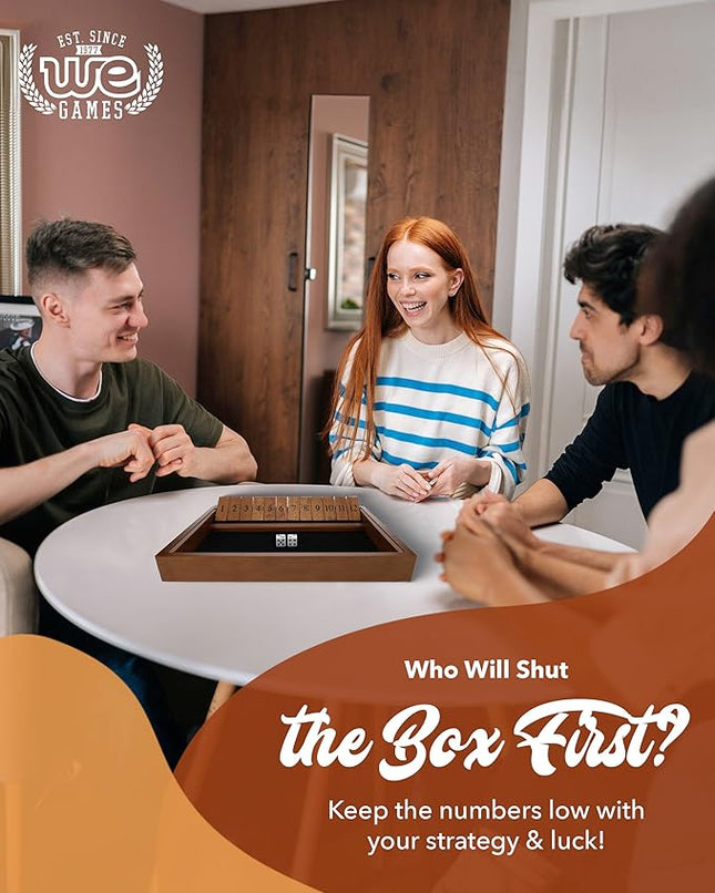 WE Games Wooden Shut The Box - Close The Box Set with 12 Number Tiles & 2 Dice Games - 13.5” Walnut Stained Finish