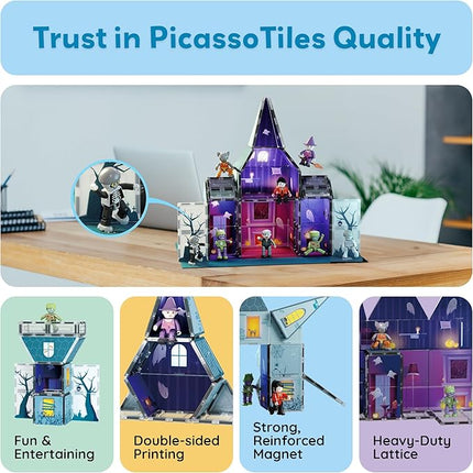 PicassoTiles Haunted House Theme Magnet Tile Building Blocks 8 Action Figures Magnetic Construction Toy Double Sided Printing Education STEM Learning Playset Halloween Adventure Kid Ages 3+ PTQ03