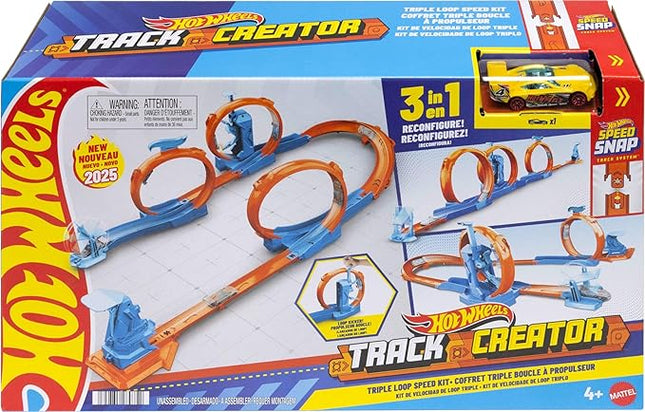 Hot Wheels Toy Car Track Set, Triple Loop Pack & 1:64 Scale Vehicle, Track-Building Components with 3 Loops, Speed Snap Tracks & Adapters