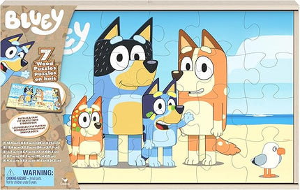 Spin Master Games, Bluey Puzzles 7-Pack, Wooden Jigsaw Puzzles for Preschoolers, 12, 16, & 24 Pieces, Storage Tray, Bluey Toys, for Ages 4 & Up