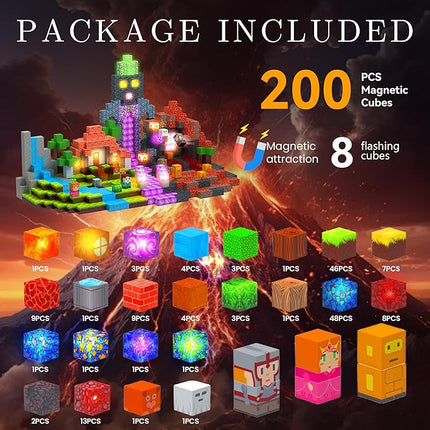 Magnetic Tiles Building Blocks for Kids Ages 3+, STEM Toys for Toddlers, 200PCS Magnetic Construction Set with Storage Bag, Educational Birthday Gifts for Boys & Girls (Volcano)
