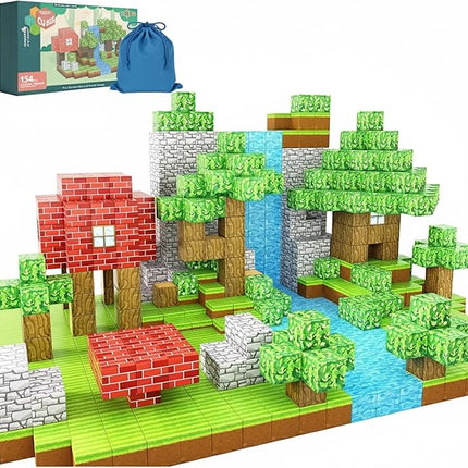 154PCS Magnetic Blocks - Build Animal Forest Set, Magnetic Tiles Building for Boys & Girls Age 3-8, STEM Montessori Sensory Toys for Toddlers Kids Gifts for 3+ Years Old, Construction Toy