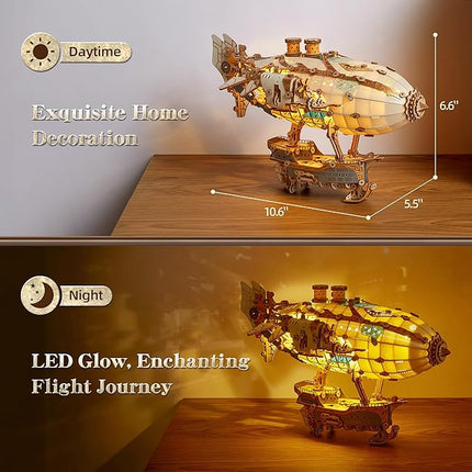 LED 3D Wood Puzzle Fantasy Airship Model - Steampunk DIY Craft Kit with LED Lights – Intricate Wooden Airship Model Building Set for Teens and Adults(White)