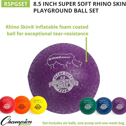 Champion Sports Super Soft Playground Ball Set – Rhino Skin® Foam Inflatable Balls for Indoor & Outdoor Play Durable, Lightweight & Safe for All Ages, Set of 6 with Pump & Mesh Bag