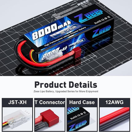 Zeee 2S Lipo Battery 8000mAh 7.4V 100C Hard Case RC Battery with T Plug for 1/8 and 1/10 RC Car Models RC Truck RC Vehicles RC Truggy RC Boat Helicopter