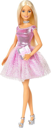Barbie Happy Birthday Doll with Blonde Hair and Blue Eyes, Pink Glitter Party Dress, and Silvery Accessories