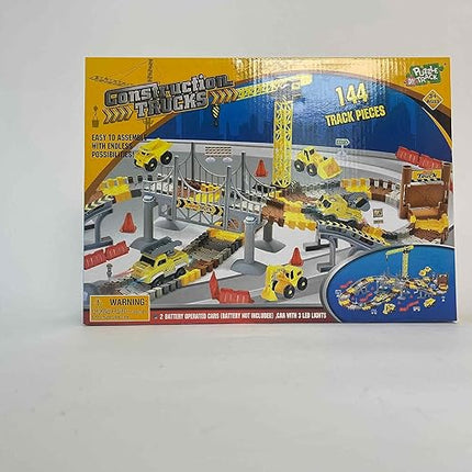 Construction Race Tracks Set, Flexible Train Tracks w/ 2 Electric Construction Race Vehicles w/Lights, STEM Engineering Race Track Toys with Dump Truck, Crane Assort Acessories for Boys Girls