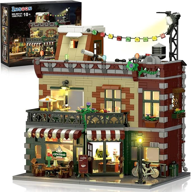 Coffee House Building Set with Light, 1589 PCS City Cafe Shop Building Block Toy with Stage Street Lights, Architecture Construction Model for Adults Teens Kids Ages 10 11 12+ Boys Girls