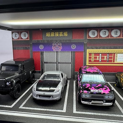 1/64 Model Car Display Case - Compatible with Hot Wheels Matchbox Mini GT Diecast Cars,Acrylic Box for Toy Cars Display Décor and Storage,Stackable Garage Diorama with LED Lights(1T-JPTheater)