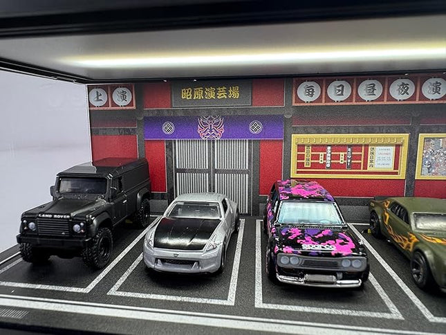 1/64 Model Car Display Case - Compatible with Hot Wheels Matchbox Mini GT Diecast Cars,Acrylic Box for Toy Cars Display Décor and Storage,Stackable Garage Diorama with LED Lights(1T-JPTheater)