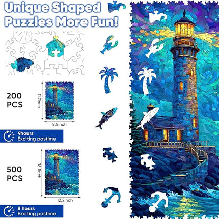 Leodozzio Wooden Puzzles for Adults, Lighthouse Jigsaw Puzzles 500 Pieces-5MM Thickness, 12.2x16.1 Inch, Unique Shaped Wooden Puzzle, Birthday Gift Family Game
