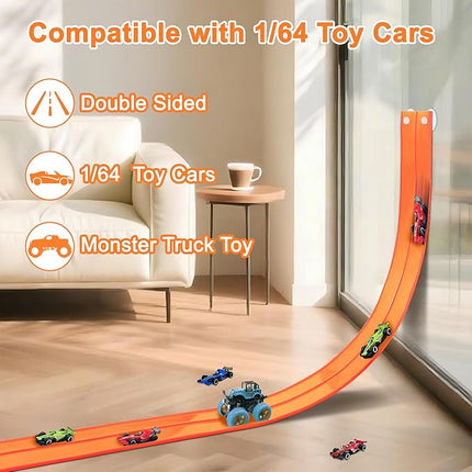 15 Ft Double Sided Flexible Race Track Set with 6 Toy Cars for Kids (Orange)