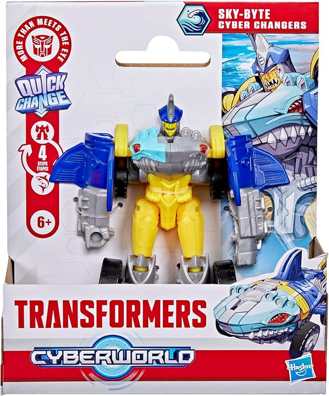 Transformers CYBERWORLD Sky-Byte Cyber Changers 4-Inch Action Figure, Quick Change to Car Mode, Robot Toys for Boys and Girls 6 and Up