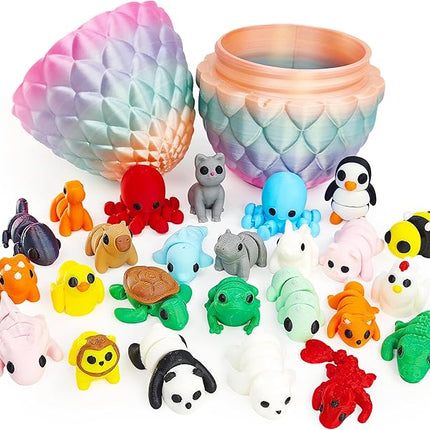 25PCS Mini 3D Printed Animal Figures Set with Dragon Egg, Premium 3D Printed Fidget Toys for Kids, Fun Party Favors, Unique Collector's Gift Set, Cute Desk Decor, Perfect Stress Relief Gift Idea