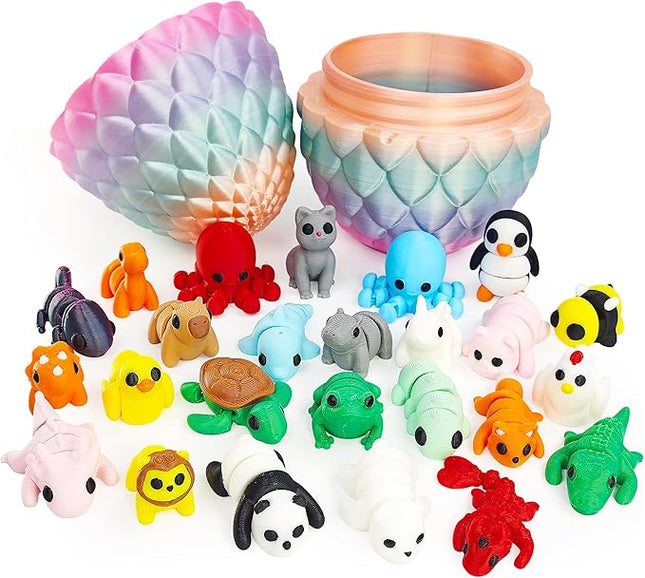 25PCS Mini 3D Printed Animal Figures Set with Dragon Egg, Premium 3D Printed Fidget Toys for Kids, Fun Party Favors, Unique Collector's Gift Set, Cute Desk Decor, Perfect Stress Relief Gift Idea
