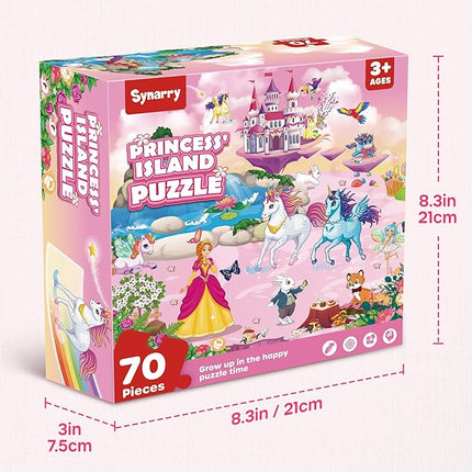 SYNARRY Unicorn Princess Mermaid Fairy Floor Puzzle for Kids Ages 3-5, Large 70 Piece Wooden Puzzle for Kids Ages 4-6, Preschool Toys Gifts for 3 4 5 6 7 8 Years Old Boys Girls Children