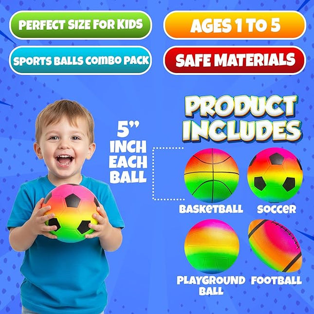 Sports Ball Set (4 Pack) - 5-Inch Rainbow Mini Basketball, Soccer, Football & Playground Balls w/Hand Pump - Fun Indoor Outdoor Toys for Toddlers, Little Kids, Preschoolers & Early Play