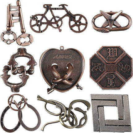 Wettarn 9 Pcs Metal Brain Teaser Puzzles Teaser 3D Steel Puzzle for Adults Unlock Interlocking Games IQ Education Smart Logic Test Toys for Adults Mind Challenge(Classic Style)