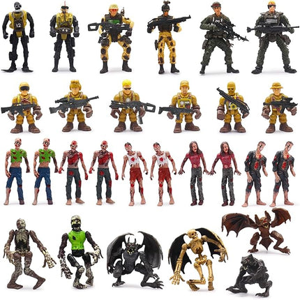Army Men Action Figures Playset, 30 PCS Soldiers Zombies Monsters Action Figures with Weapons Gear Equipment Accessories - 4 Inches Military Toy for Boys Ages 6 7 8 9 10 11 12 Years Old