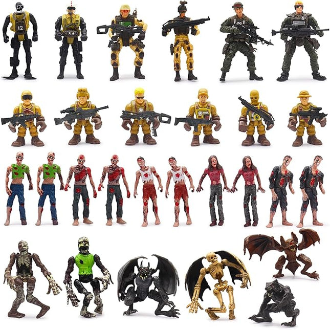Army Men Action Figures Playset, 30 PCS Soldiers Zombies Monsters Action Figures with Weapons Gear Equipment Accessories - 4 Inches Military Toy for Boys Ages 6 7 8 9 10 11 12 Years Old
