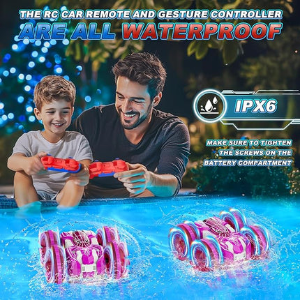 Waterproof Remote Control Car，4WD Land & Water 2.4 GHz RC Car Remote Control Boat，360°Rotation RC Stunt with LED Lights，Boys Girls Gifts All Terrain Water Beach Pool Toy Pink