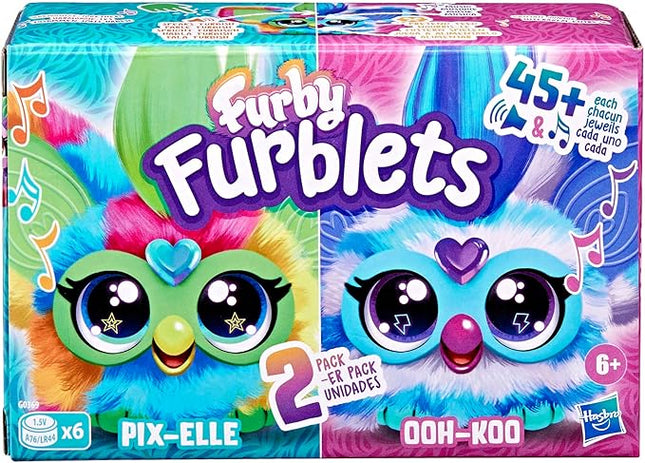 Furby Furblets 2-Pack, Mini Friends Pix-Elle & Ooh-Koo, 45+ Sounds Each, Music & Speaks Only Furbish, Electronic Plush Toys, Multicolor & Blue/White, Back to School Gifts, Ages 6+ (Amazon Exclusive)