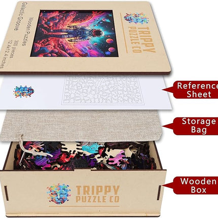 Wooden Jigsaw Puzzle for Adults - Challenging 300 Piece Puzzle with Cool Shapes - Astronaut Space Planet Puzzle Art - Paranormal Collection (Galactic Groove)