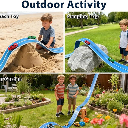 15 Ft Flexible Race Car Track (Daytona Blue) for Kids,Flex Track Starter Set Compatible with Hot Wheels and Diecast 1/64th Cars,Portable Racetrack Roll Up Race Track with 4 Racecars and Suction Cups