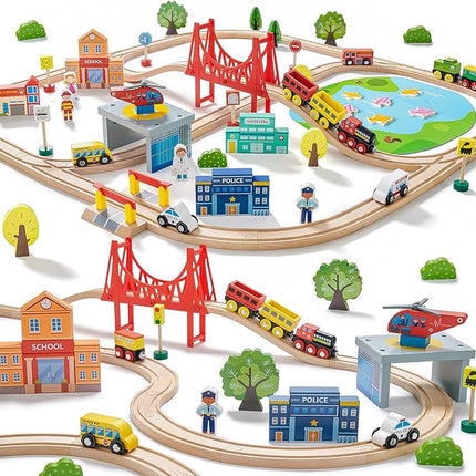 Tiny Land 110PCS Wooden Train Set – Toy Train with Tracks for Kids Ages 3-7, Compatible with Major Brands, Ideal Railway Playset for Boys and Girls, Great Birthday