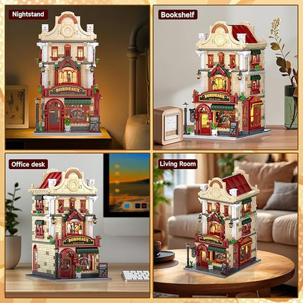 Bordeaux Wine Club Construction Building Set with LED Lights, City Town Winery Chateau House Building Kit, Vintage Collectible Model, Creative Christmas Birthday Gift for Adult Teen,1524 Pcs