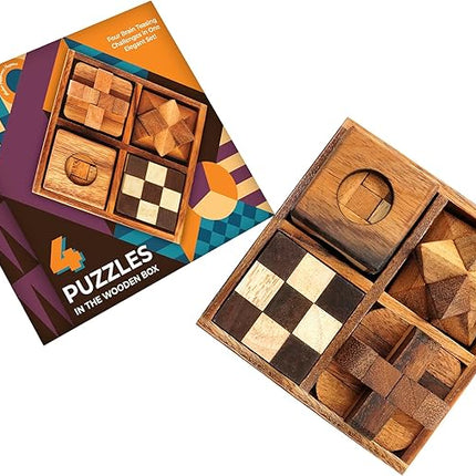 BSIRI Wooden Puzzle Box Set (4 Games) - Challenging Brain Teasers 3D Puzzles for Adults, Interlocking Games for IQ Test. Ideal for Rustic Patio Decor, Unique Gift for Christmas and Birthdays