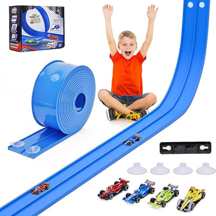15 Ft Flexible Race Car Track for Kids, Double-Sided Racetrack with Suction Cups, Compatible with Hot Wheels & 1:64 Diecast Cars,Portable Roll Up Track Toy,Gift for Boys Girls Ages 3+ (Blue)