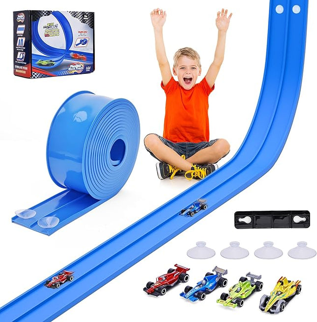 15 Ft Flexible Race Car Track for Kids, Double-Sided Racetrack with Suction Cups, Compatible with Hot Wheels & 1:64 Diecast Cars,Portable Roll Up Track Toy,Gift for Boys Girls Ages 3+ (Blue)