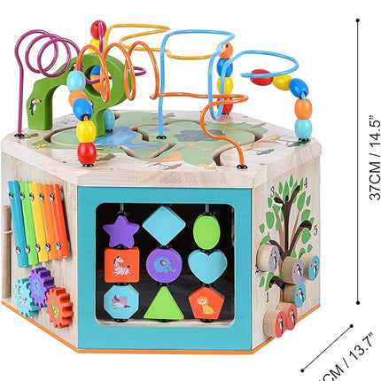 Teamson Kids Preschool Play Lab 7-in-1 Large Wooden Activity Cube Station Center Bead Maze and Counting for Kids Baby Toys, Natural