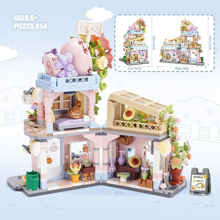 Street View Flower House Shop Mini Building Blocks, MOC Creative Building Toys Cute Panda Building Set for Girls 6-12, Simulation Architecture Construction Toy, Gift Idea for Kids Adults (854 PCS)