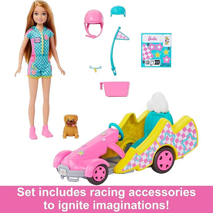 Barbie Stacie Doll with Go-Kart Car with Rolling Wheels, Dog, Accessories, & Sticker Sheet, 9-Piece Toy Set