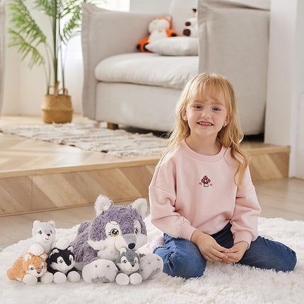 IKASA Mommy Wolf Stuffed Animal Mom and Baby Plush Toy, Cute 18" Soft Small Mama Family Set with Little Mini Babies,Gifts for Kid (Wolf)
