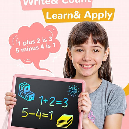 KOKODI LCD Writing Tablet, 12 Inch Colorful Toddler Doodle Board Drawing Tablet, Erasable Reusable Electronic Drawing Pads, Educational and Learning Toy for 3-6 Years Old Boy and Girls(Pink)