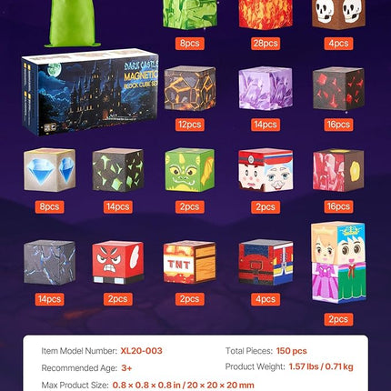 VEVOR Magnetic Blocks, 150 PCS Dark Castle Set, Magnetic Building Cubes for Kids, STEM Montessori Sensory Toys for Christmas Birthday Gift, Construction Stacking Toy for 3+ Years Old Boys & Girls