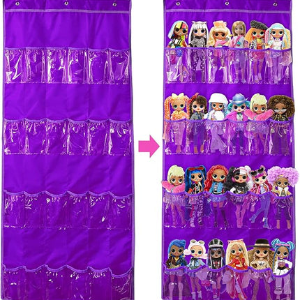Hanging Over Door Toy Storage Organizer with 24 Clear View Pockets, Ideal for Lol Omg Dolls Barbie Dolls Surprise Doll, Cars and More Collectibles‘s Storage, Best Gift for Girls (Purple)