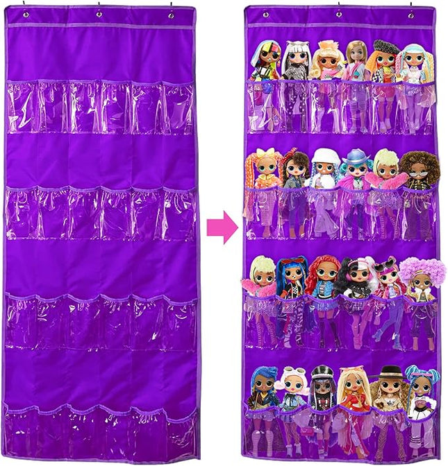 Hanging Over Door Toy Storage Organizer with 24 Clear View Pockets, Ideal for Lol Omg Dolls Barbie Dolls Surprise Doll, Cars and More Collectibles‘s Storage, Best Gift for Girls (Purple)