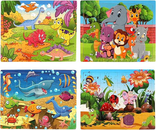 SYNARRY Wooden Jigsaw Puzzles for Kids Age 3-5 Year Old, 4 Pack 24-40 Pieces Preschool Educational Learning Toys Gift Set for Children, Easter Basket Stuffers Valentines Day Gifts for Kids