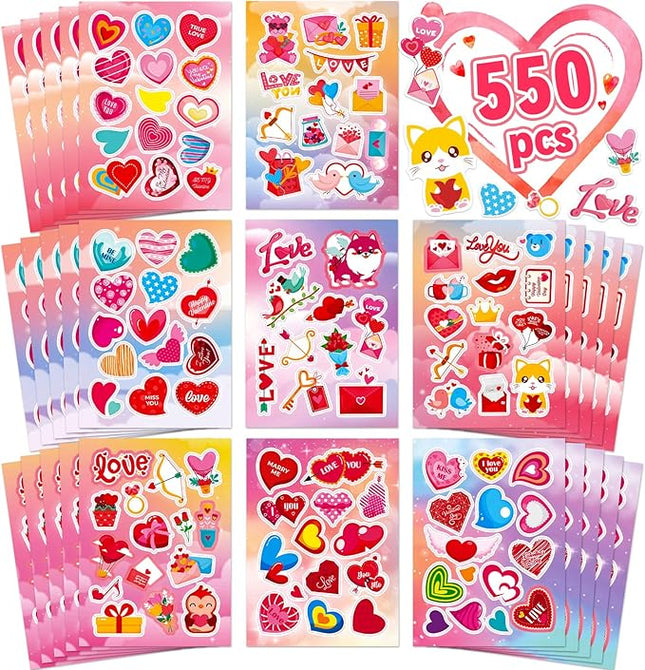 550PCS Valentines Day Stickers, 40 Sheet Heart Stickers Valentine Crafts, Make Your Own Sticker Valentines Gifts for Kids Classroom, Cards, Goodie Bags, Valentine Party Favors Love Sticker for Kids