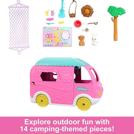 Barbie Camper, Chelsea 2-in-1 Playset with Small Doll, 2 Pets & 15 Accessories, Vehicle Transforms into Camp Site (Amazon Exclusive)