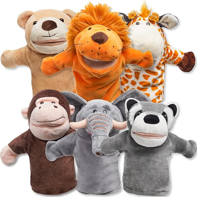 JOYIN 6Pcs Kids Hand Puppet Set with Working Mouth, Toddler Animal Plush Toy Includes Elephant, Giraffe, Lion, Bear, Raccoon and Monkey for Show Theater, Christmas Birthday Gifts for Kid Age 3+