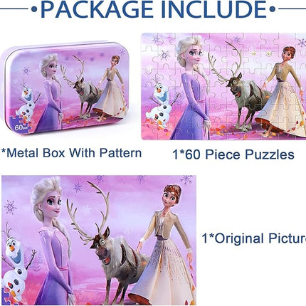 LELEMON Pretty Puzzles for Kids Ages 4-6, Snowmen 60 Piece Puzzles for Kids Ages 4-8,Children Jigsaw Puzzles in a Metal Box,Educational Learning Puzzle Toys for Girls and Boys