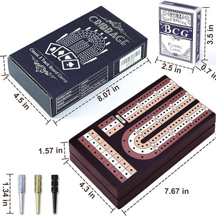 Cribbage Board Game Set - Wooden Foldable 3-Track Board with Magnetic Closure, 9 Metal Pegs, Playing Cards, Portable Family Travel Game for Gatherings and Gifts