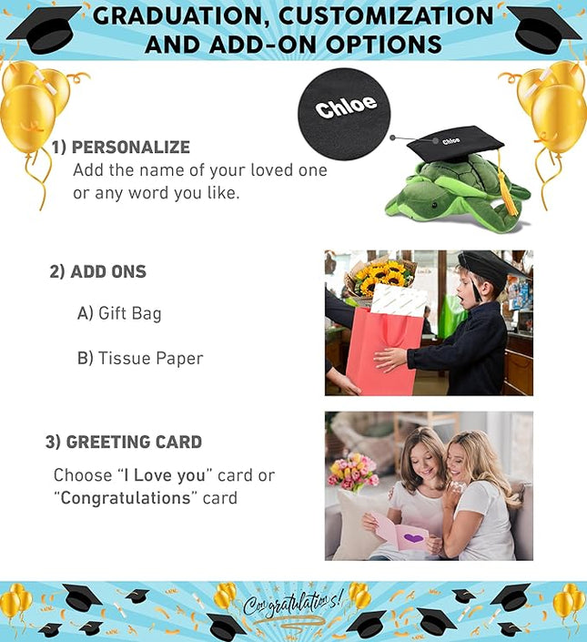 DolliBu Sea Turtle Graduation Plush Toy - Soft Huggable Graduation Stuffed Animal Dress Up with Gown and Cap with Tassel Outfit - Graduation Gift with Personalization - 7.5 Inches